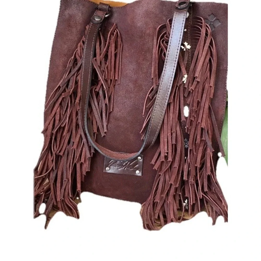 Patricia Nash Burnished Brown Suede With Fringe Tote Bag Purse Shoulder bag